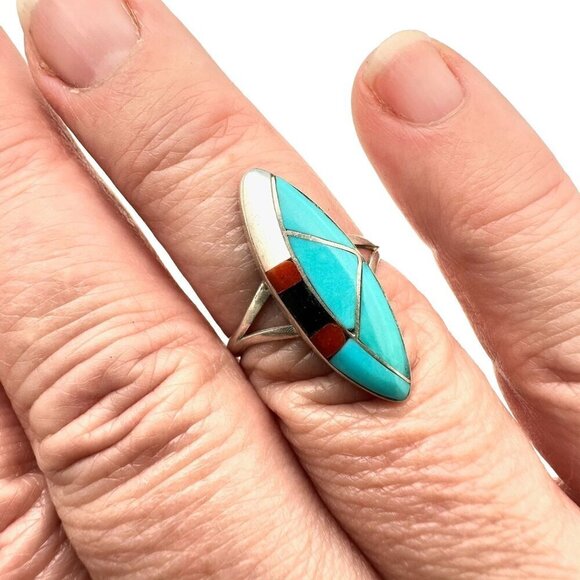 Native Americans Ring Sterling Silver Multi Gemstone Turquoise Inlay Size 8 - Picture 1 of 6
